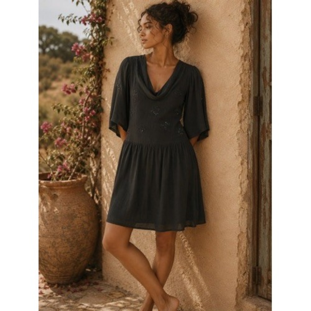 Moonglow Black Beaded Silk Cowl Neck Mini Dress Size M 3/4 Bell Sleeve Boho Goth